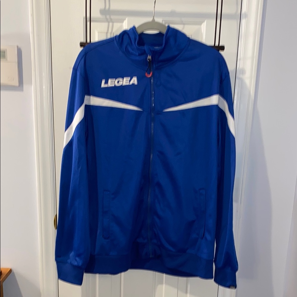 Legea Men’s soccer jacket, blue and white, EUC